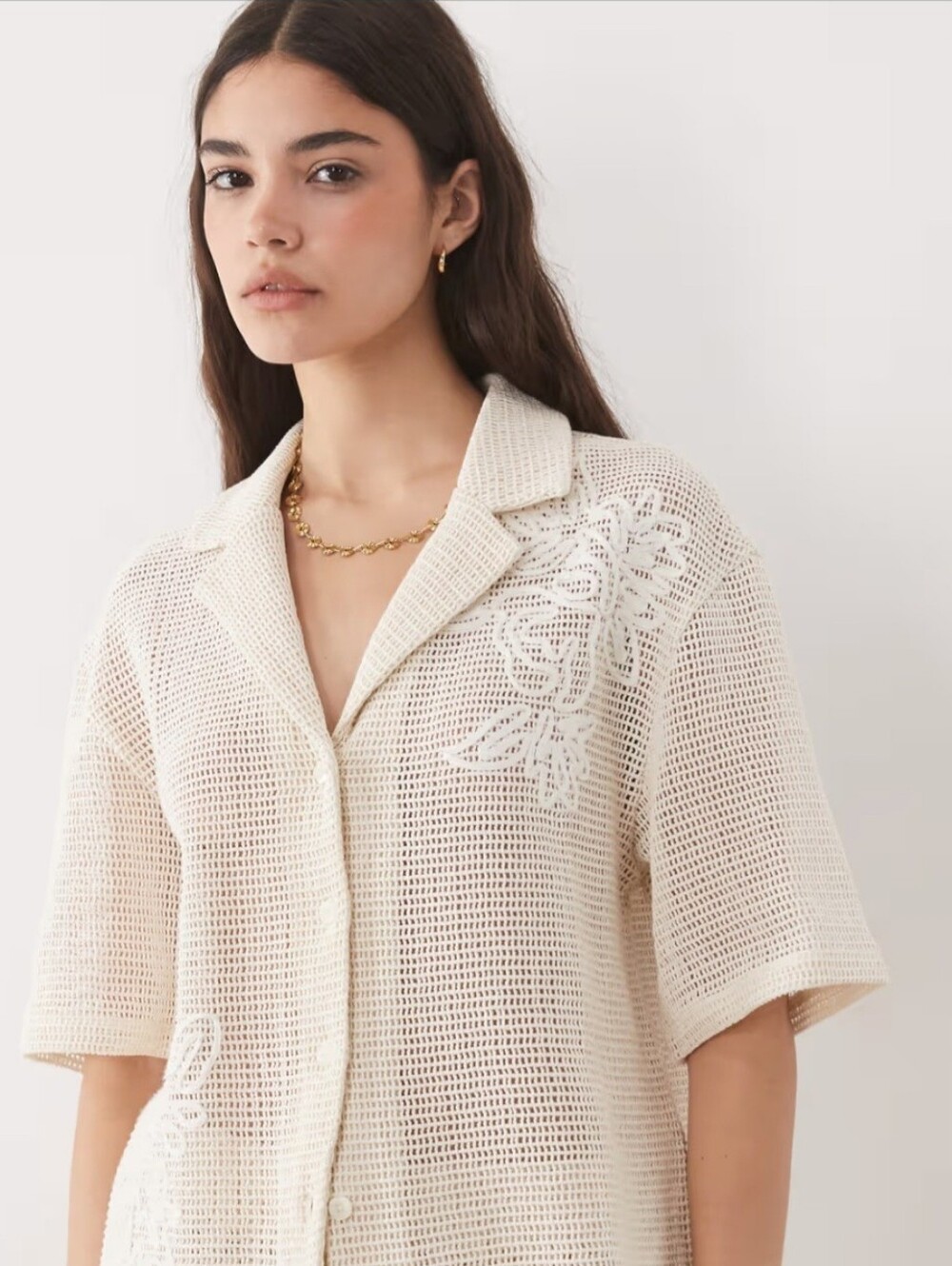 ASOS DESIGN Women's Open Knit Revere Shirt Cream Size S Beach Coverup Resortwear